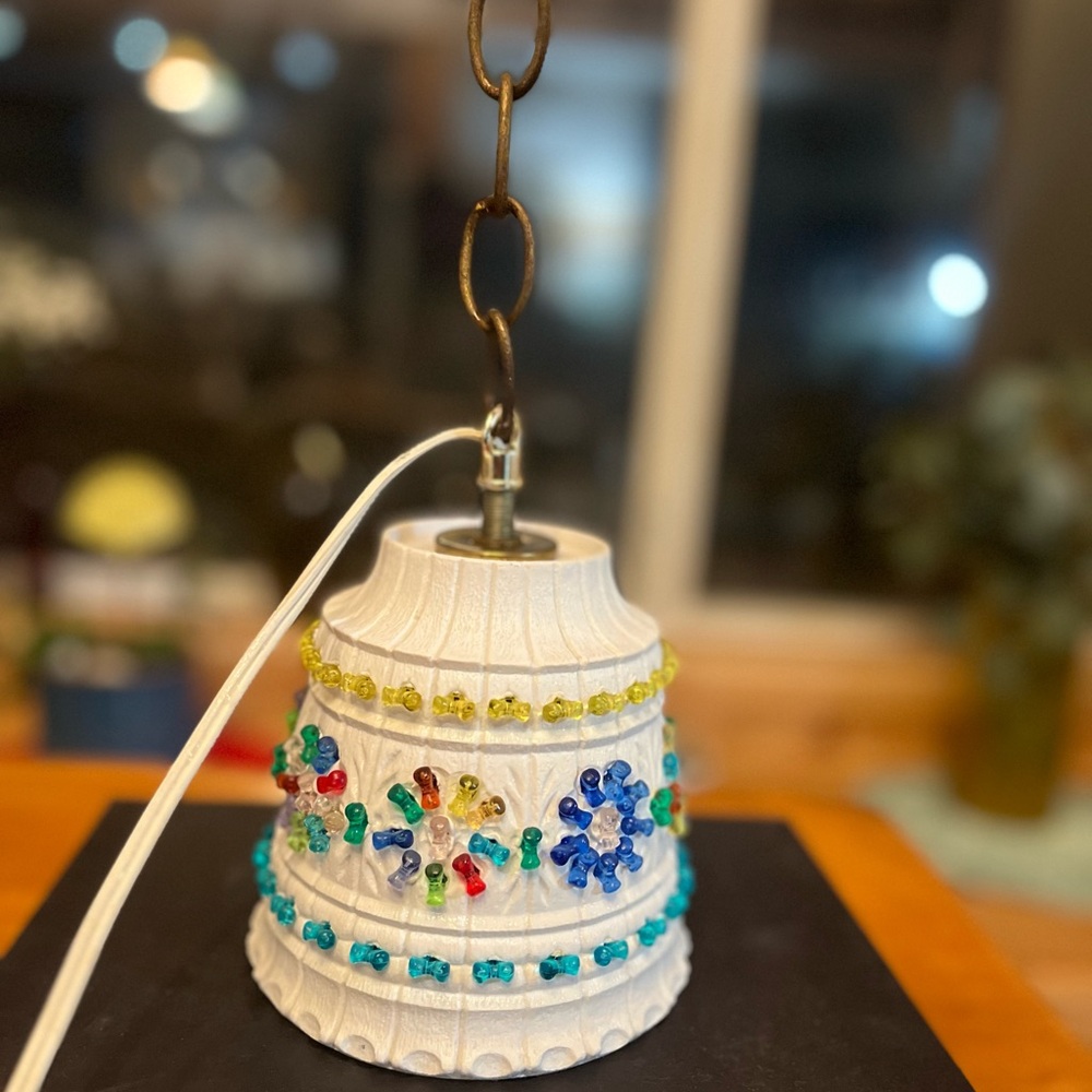 Vintage Boho Small Swag Lamp • Beaded Plastic Pendant Light • Plug-In - Picture 7 of 10